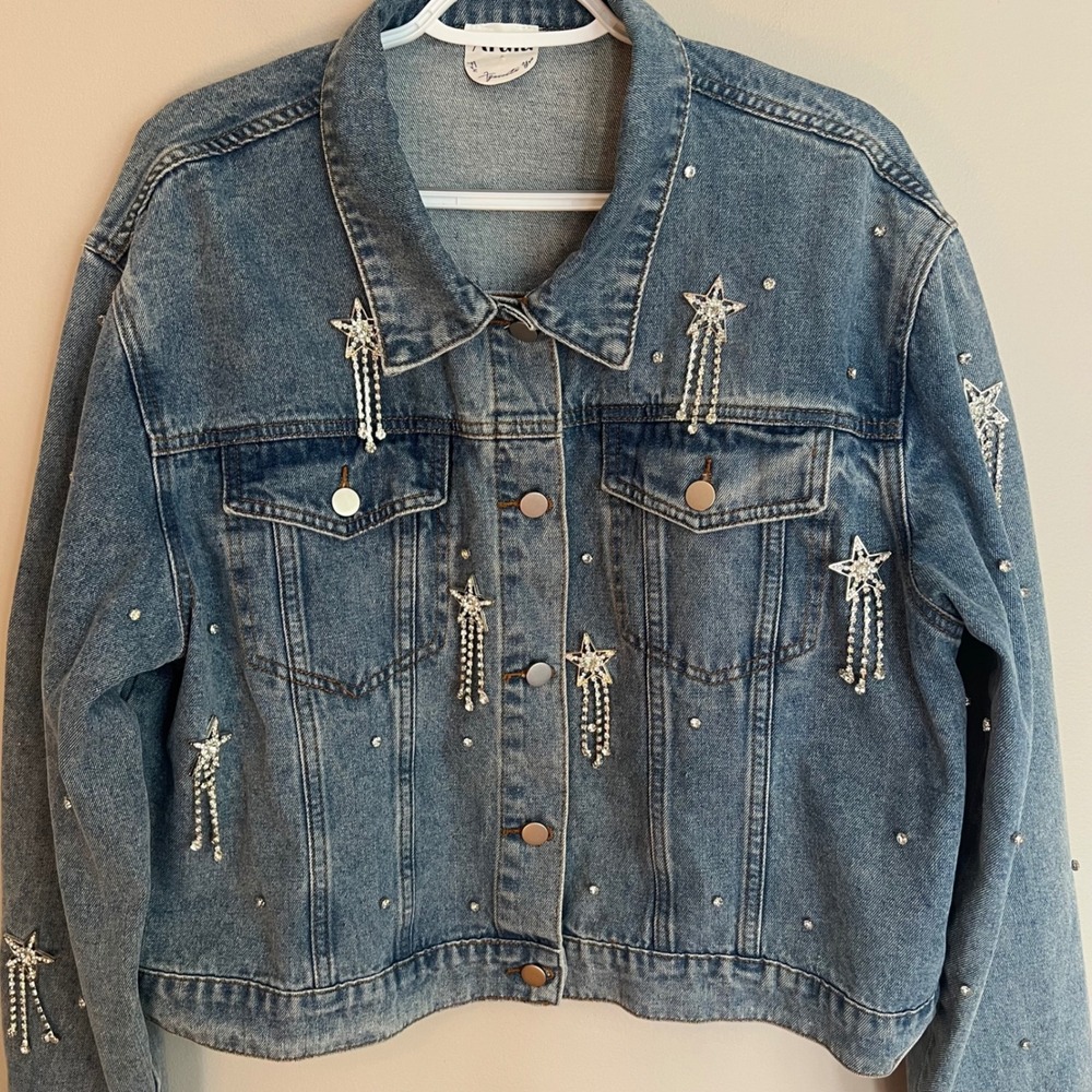 Denim Jacket Rhinestone Shooting Star Celestial 1X Cowgirl Western Concert